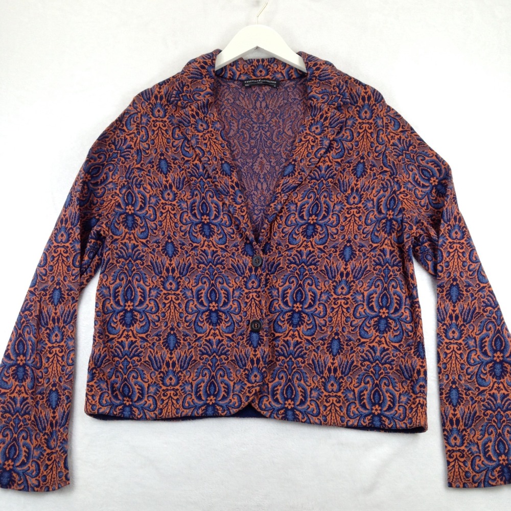 Peruvian Connection Pima Cotton Knit Blazer Cardigan Orange Blue Damask XL